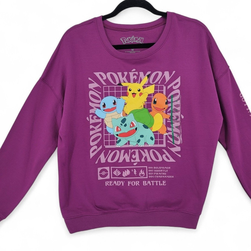 Pokemon Crewneck Sweatshirt M Purple Pikachu Bulbasaur Squirtle Graphic NWOT
